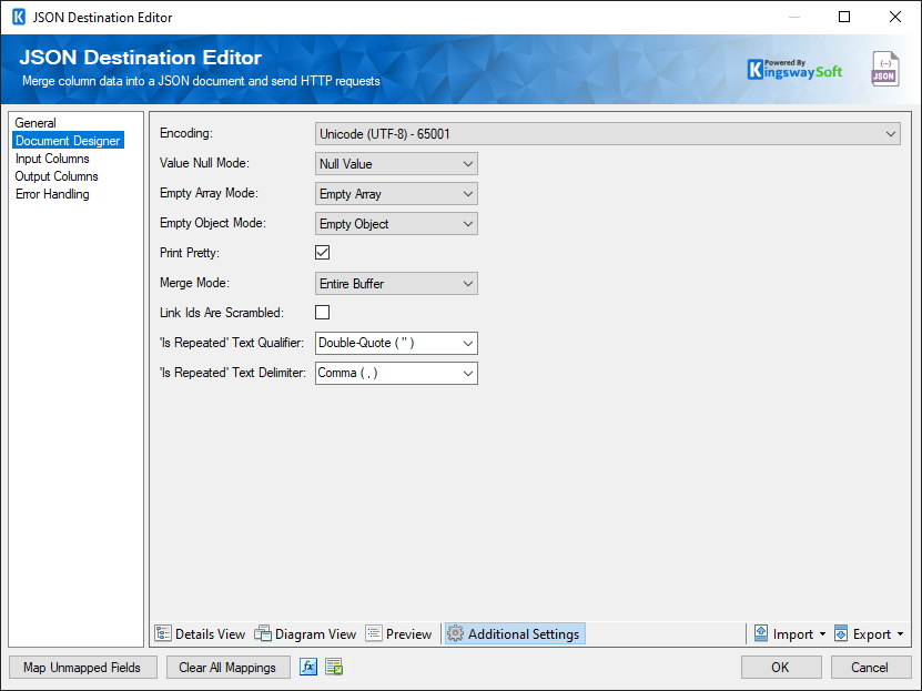 JSON Destination - Document Designer - Addtional Settings.pn